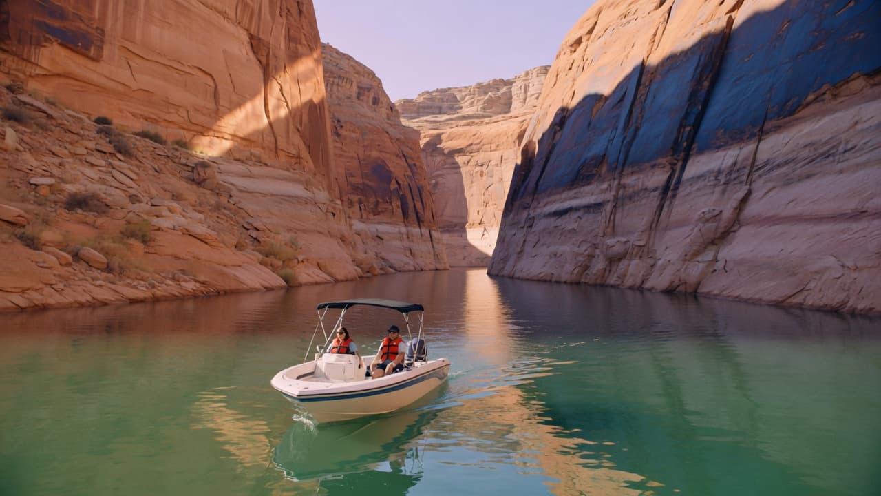 A small powerboat with two people in life jackets moving through a narrow Lake Powell sandstone canyon, turquoise water reflecting orange cliffs